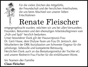 Traueranzeige von Renate Fleischer von Mitteldeutsche Zeitung Wittenberg