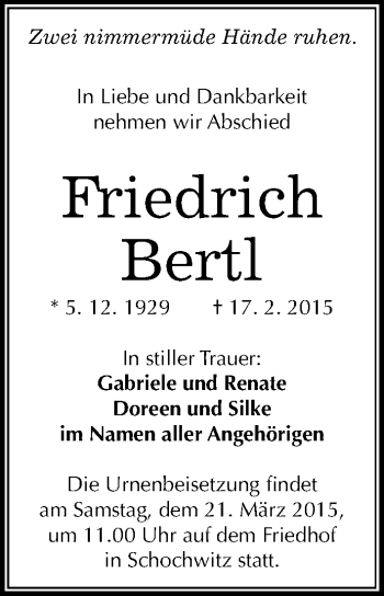 Traueranzeige von Friedrich Bertl von Mitteldeutsche Zeitung Halle/Saalkreis