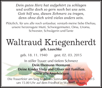 Traueranzeige von Waltraud Kriegenherdt von Mitteldeutsche Zeitung Merseburg/Querfurt