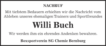 Traueranzeige von Willi Buch von Super Sonntag Bernburg