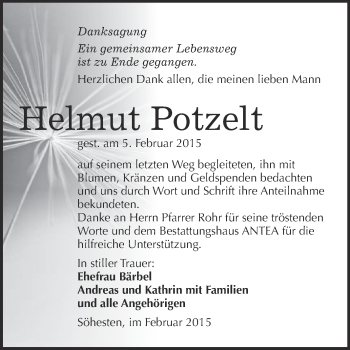 Traueranzeige von Helmut Potzelt von WVG - Wochenspiegel NMB / WSF / ZTZ