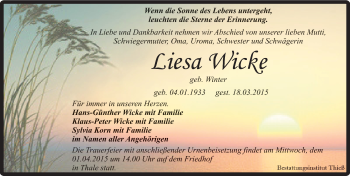 Traueranzeige von Liesa Wicke von Mitteldeutsche Zeitung Quedlinburg