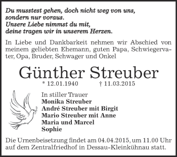 Traueranzeige von Günther Streuber von WVG - Wochenspiegel Dessau / Köthen