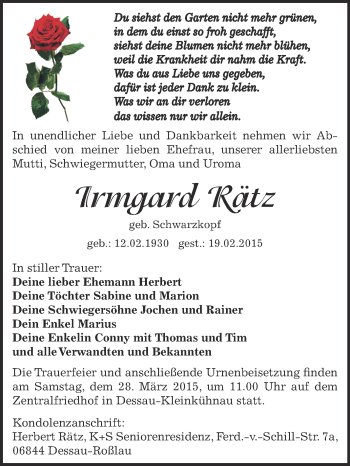 Traueranzeige von Irmgard Rätz von WVG - Wochenspiegel Dessau / Köthen