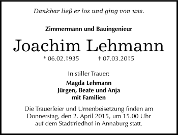 Traueranzeige von Joachim Lehmann von Mitteldeutsche Zeitung Wittenberg
