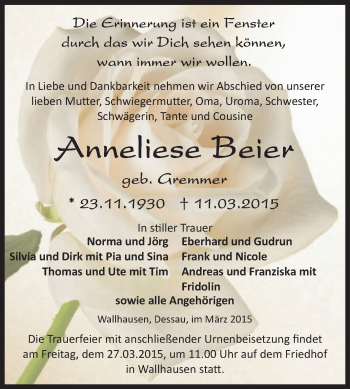 Traueranzeige von Anneliese Beier von Super Sonntag SGH Mansf. Land