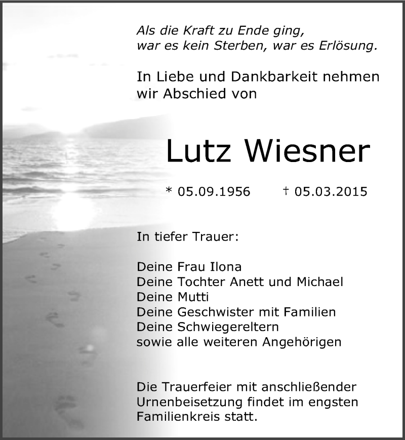 Traueranzeige für Lutz Wiesner vom 14.03.2015 aus Mitteldeutsche Zeitung Wittenberg
