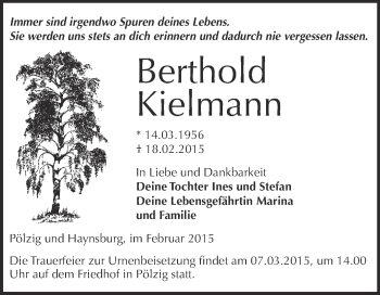 Traueranzeige von Berthold Kielmann von Super Sonntag Zeitz