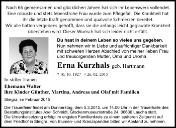 Traueranzeige von Erna Kurzhals von WVG - Wochenspiegel NMB / WSF / ZTZ