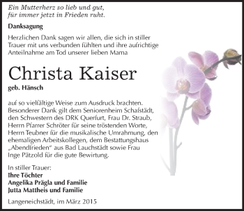 Traueranzeige von Christa Kaiser von Mitteldeutsche Zeitung Merseburg/Querfurt