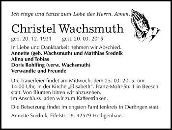 Traueranzeige von Christel Wachsmuth von Mitteldeutsche Zeitung Halle/Saalkreis