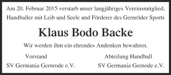 Traueranzeige von Klaus Bodo Backe von WVG - Wochenspiegel Quedlinburg