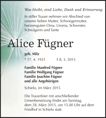 Traueranzeige von Alice Fügner von WVG - Wochenspiegel Quedlinburg