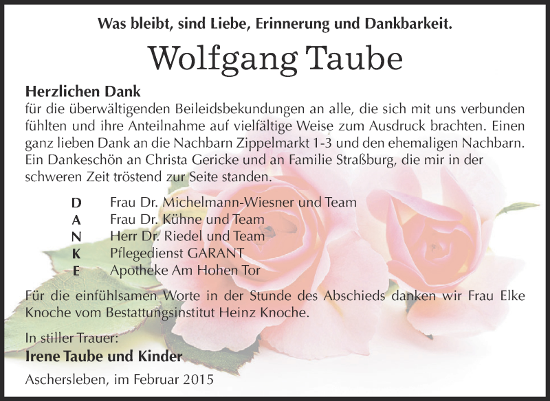  Traueranzeige für Wolfgang Taube vom 08.03.2015 aus Super Sonntag Aschersleben