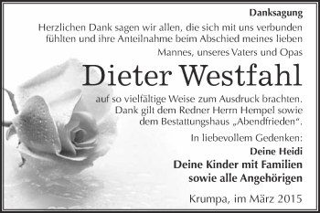 Traueranzeige von Dieter Westfahl von WVG - Wochenspiegel Merseburg
