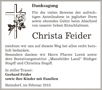 Traueranzeige von Christa Feider von Wochenspiegel Mansfelder Land
