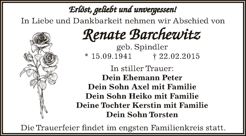  Traueranzeige für Renate Barchewitz vom 01.03.2015 aus WVG - Wochenspiegel Dessau / Köthen