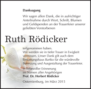 Traueranzeige von Ruth Rödicker von Mitteldeutsche Zeitung Köthen