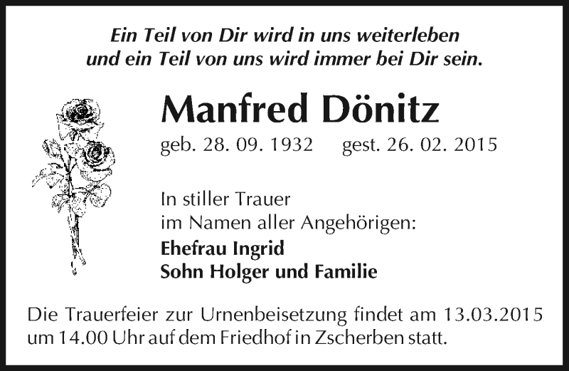  Traueranzeige für Manfred Dönitz vom 07.03.2015 aus Mitteldeutsche Zeitung Halle/Saalkreis