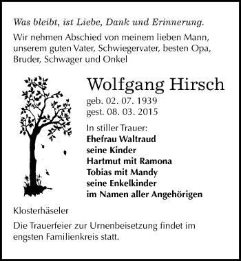 Traueranzeige von Wolfgang Hirsch von Mitteldeutsche Zeitung Naumburg/Nebra