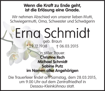 Traueranzeige von Erna Schmidt von Mitteldeutsche Zeitung Dessau-Roßlau