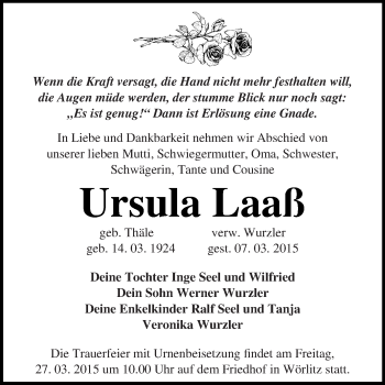 Traueranzeige von Ursula Laaß von Super Sonntag Wittenberg