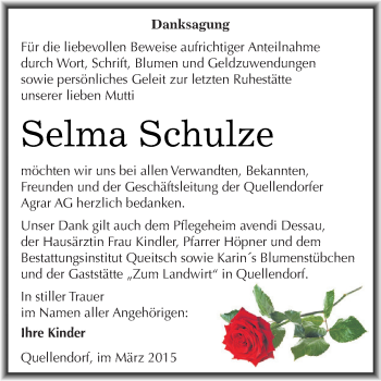 Traueranzeige von Selma Schulze von WVG - Wochenspiegel Dessau / Köthen