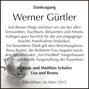 Traueranzeige von Werner Gürtler von Super Sonntag SGH Mansf. Land