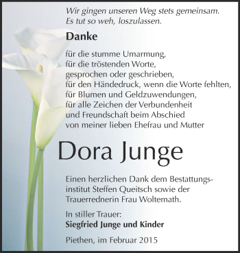 Traueranzeige von Dora Junge von WVG - Wochenspiegel Dessau / Köthen