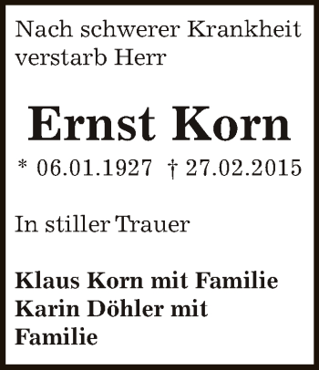 Traueranzeige von Ernst Korn von WVG - Wochenspiegel Dessau / Köthen