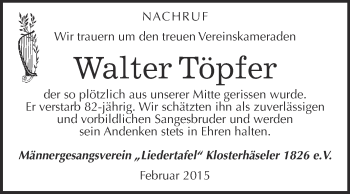 Traueranzeige von Walter Töpfer von WVG - Wochenspiegel NMB / WSF / ZTZ