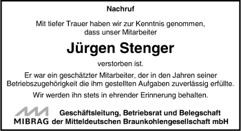 Traueranzeige von Jürgen Stenger von Mitteldeutsche Zeitung Weißenfels