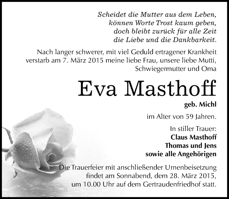  Traueranzeige für Eva Masthoff vom 21.03.2015 aus Mitteldeutsche Zeitung Halle/Saalkreis