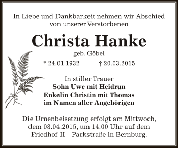 Traueranzeige von Christa Hanke von Super Sonntag Bernburg