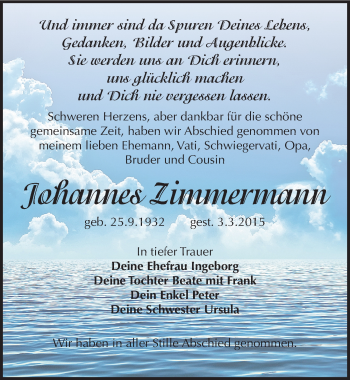 Traueranzeige von Johannes Zimmermann von Mitteldeutsche Zeitung Weißenfels