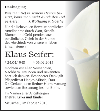 Traueranzeige von Klaus Seifert von Super Sonntag Merseburg