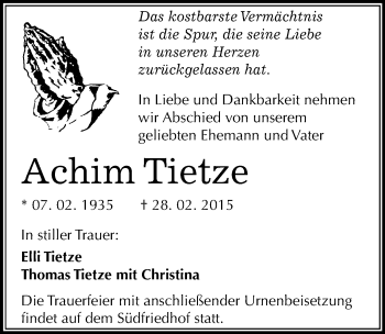 Traueranzeige von Achim Tietze von Mitteldeutsche Zeitung Halle/Saalkreis