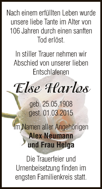 Traueranzeige von Else Harlos von Super Sonntag Bernburg