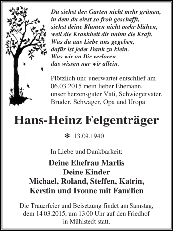 Traueranzeige von Hans-Heinz Felgenträger von WVG - Wochenspiegel Dessau / Köthen
