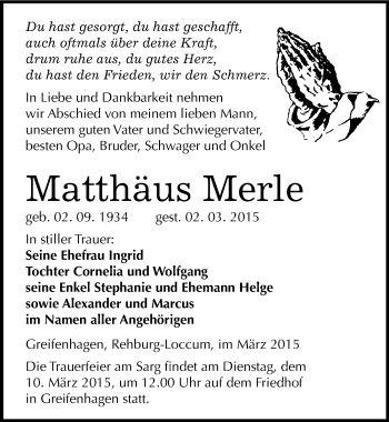 Traueranzeige von Matthäus Merle von Mitteldeutsche Zeitung Mansfelder Land