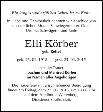 Traueranzeige von Elli Körber von Mitteldeutsche Zeitung Wittenberg