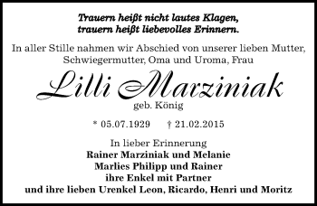 Traueranzeige von Lilli Marziniak von Mitteldeutsche Zeitung Bernburg