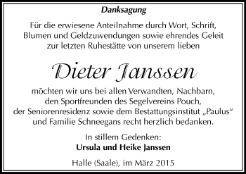 Traueranzeige von Dieter Janssen von Mitteldeutsche Zeitung Halle/Saalkreis