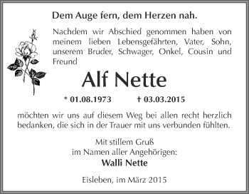 Traueranzeige von Alf Nette von Wochenspiegel Mansfelder Land