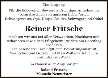 Traueranzeige von Reiner Fritsche von Super Sonntag Bernburg