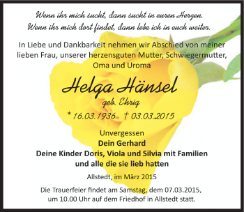 Traueranzeige von Helga Hänsel von Mitteldeutsche Zeitung Sangerhausen