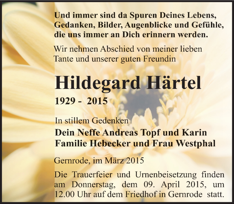  Traueranzeige für Hildegard Härtel vom 28.03.2015 aus Mitteldeutsche Zeitung Quedlinburg