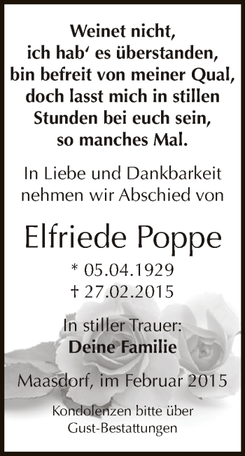 Traueranzeige von Elfriede Poppe von WVG - Wochenspiegel Dessau / Köthen