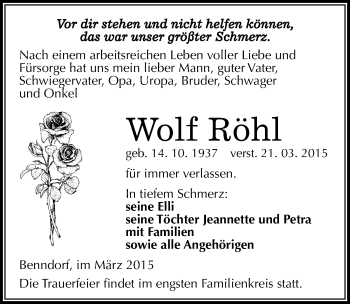 Traueranzeige von Wolf Röhl von Mitteldeutsche Zeitung Mansfelder Land