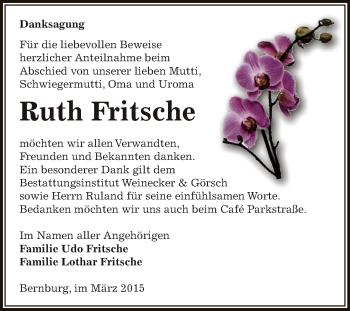 Traueranzeige von Ruth Fritsche von Super Sonntag Bernburg